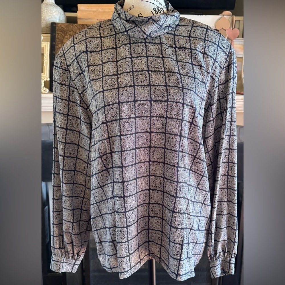 Navy Vintage Miss Sophistacates Pendleton Blouse Long Sleeves Pleats Large Cowl